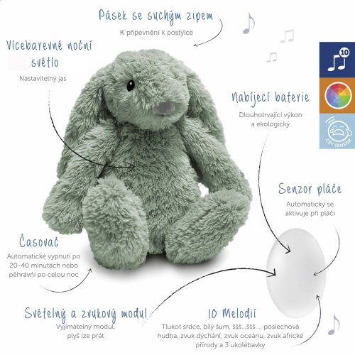 Zazu Králíček RO zelený - Šumící zvířátko s nočním světlem a USB nabíjením