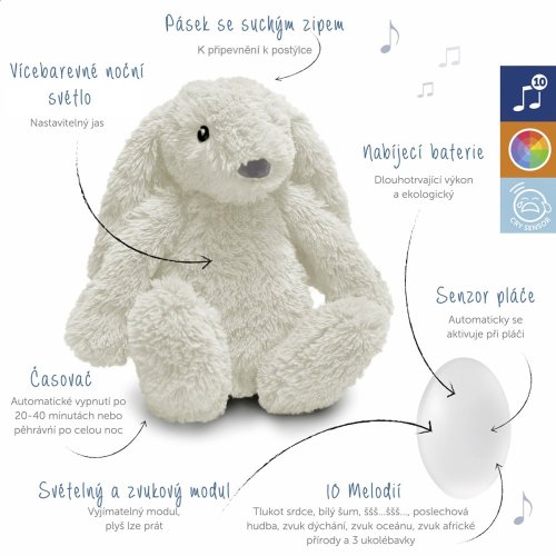 Zazu Králíček RO bílý - Šumící zvířátko s nočním světlem a USB nabíjením
