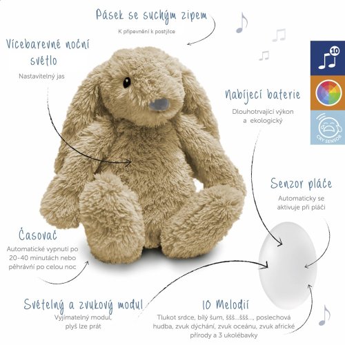 Zazu Králíček RO béžový - Šumící zvířátko s nočním světlem a USB nabíjením