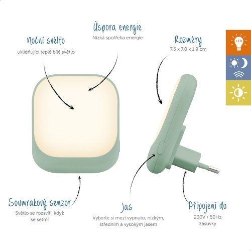 Zazu SOCKET zelené - noční světlo do zásuvky se senzorem soumraku