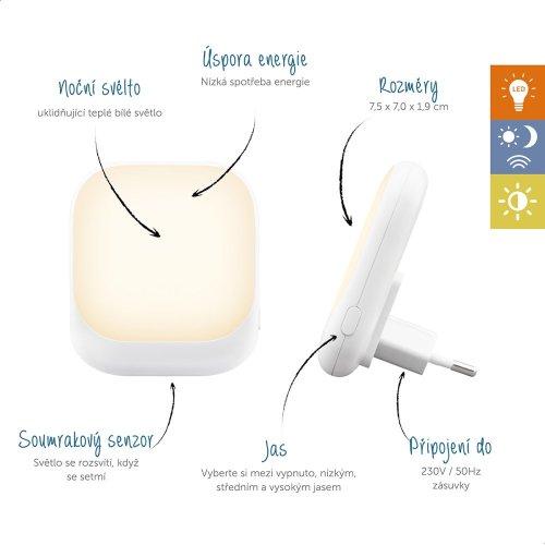 Zazu SOCKET bílé - noční světlo do zásuvky se senzorem soumraku