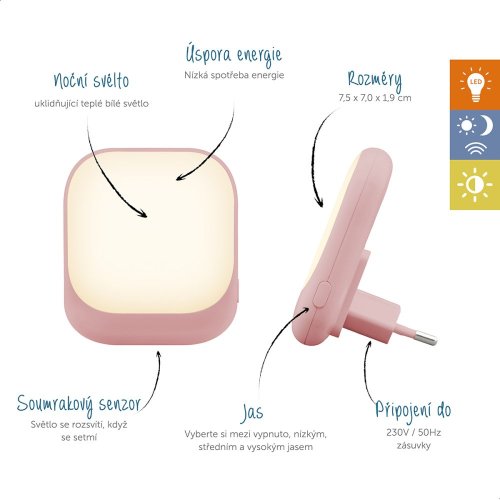 Zazu SOCKET růžové - noční světlo do zásuvky se senzorem soumraku